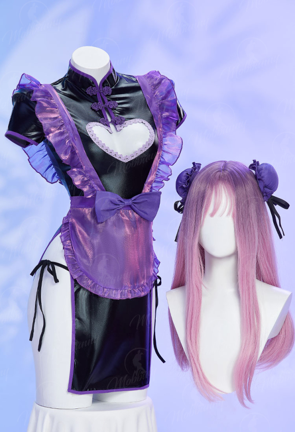 BAO MAID Sexy Lingerie Set Purple Maid Style Chest Open Cheongsam Dress with Apron Thong